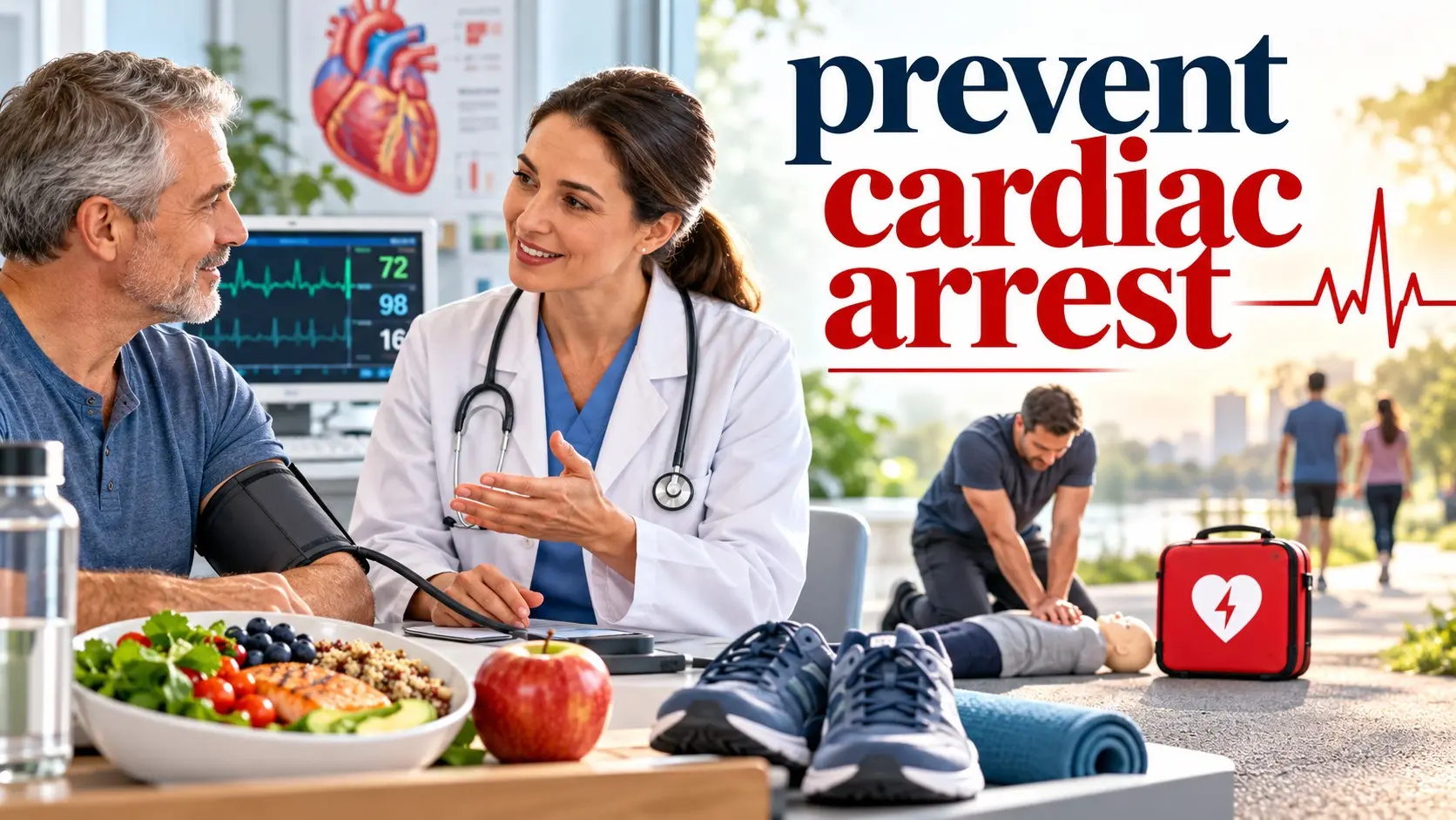 Prevent cardiac arrest with CPR, AED use, heart risk screening, warning signs, and heart healthy prevention