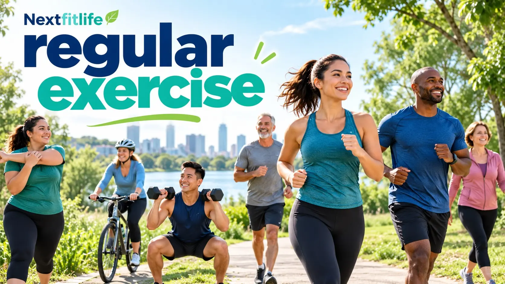 Regular exercise for body and mind health with walking, strength training, heart health, brain health, sleep, balance, and healthy aging