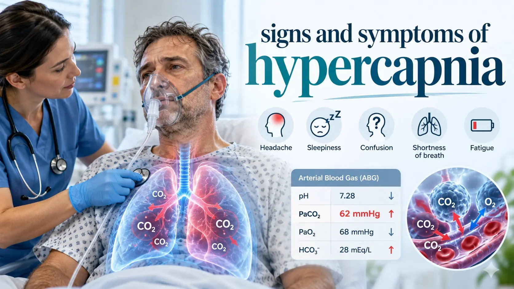 Signs and symptoms of hypercapnia including headache, sleepiness, shortness of breath, confusion, CO2 retention, and respiratory disease