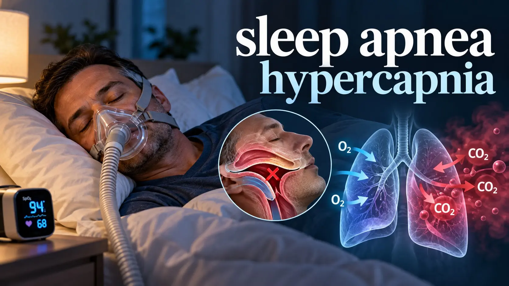 Sleep apnea hypercapnia showing high carbon dioxide retention, blocked breathing during sleep, CPAP, blood gas testing, and CO2 monitoring