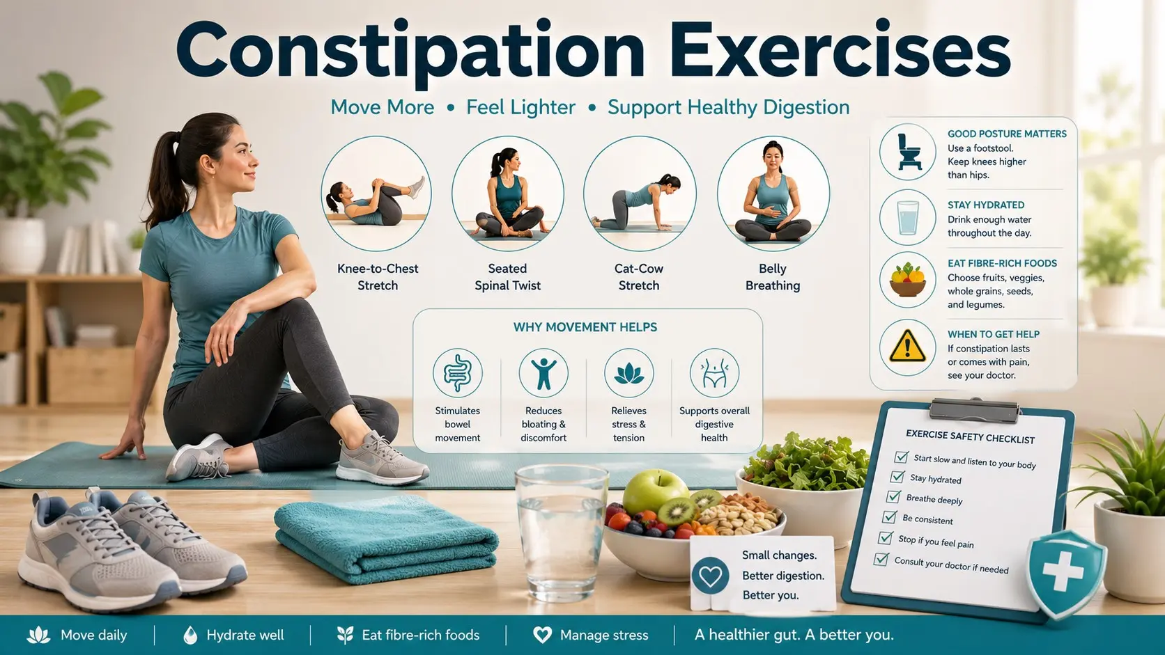 Constipation Exercises guide with walking, knee-to-chest stretch, pelvic tilt, seated twist, deep breathing, squat posture, water, fibre foods, and doctor warning icons.