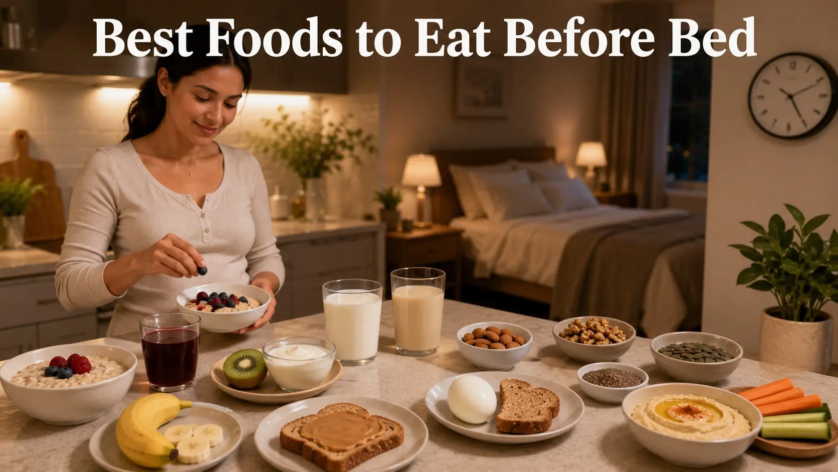 Best foods to eat before bed shown as light snack choices, including oatmeal, yogurt, kiwi, tart cherries, banana, nuts, seeds, toast, milk, and a cooked egg.
