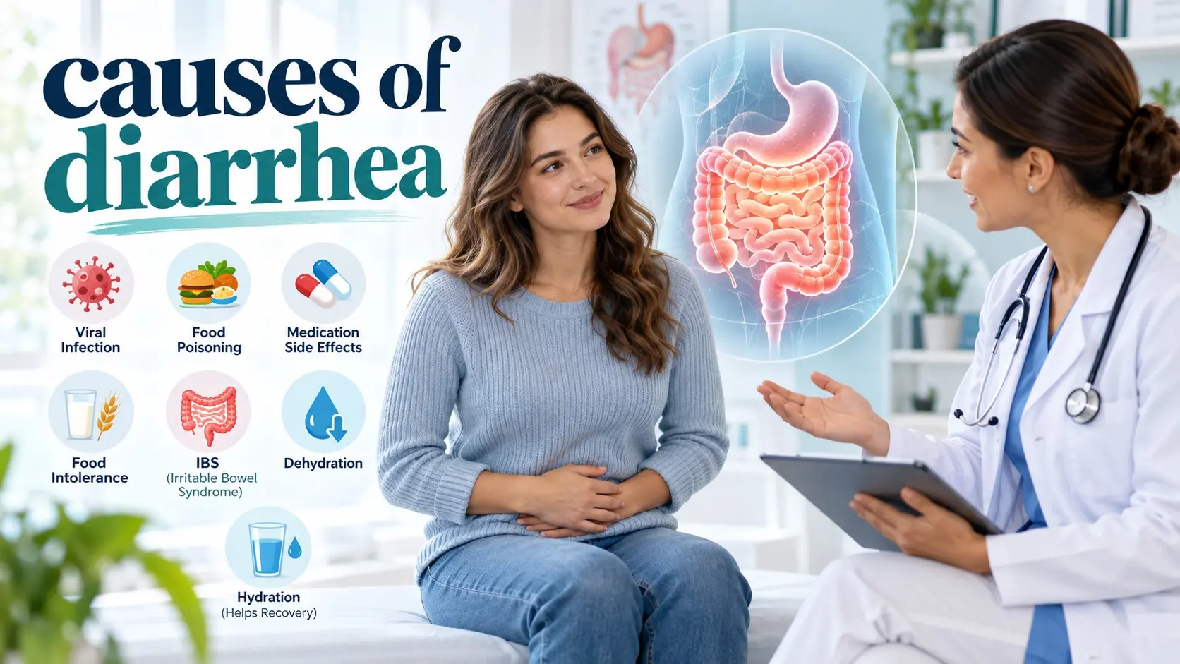 Causes of diarrhea illustrated with intestinal infection, food intolerance, medicines, IBS, dehydration, and medical testing.