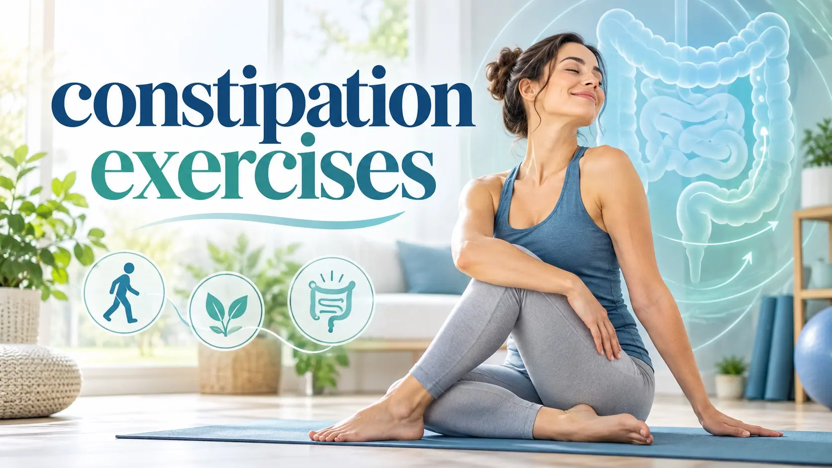 Constipation exercises including walking, stretching, pelvic tilts, chair movements, and deep breathing to support bowel regularity.