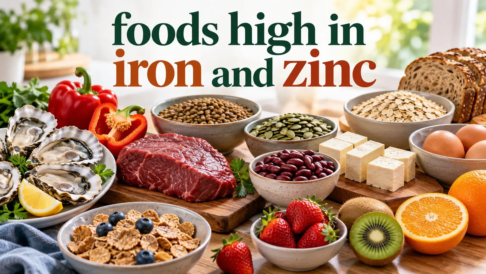 Foods high in iron and zinc including oysters beef lentils seeds beans tofu eggs oats and fortified cereal