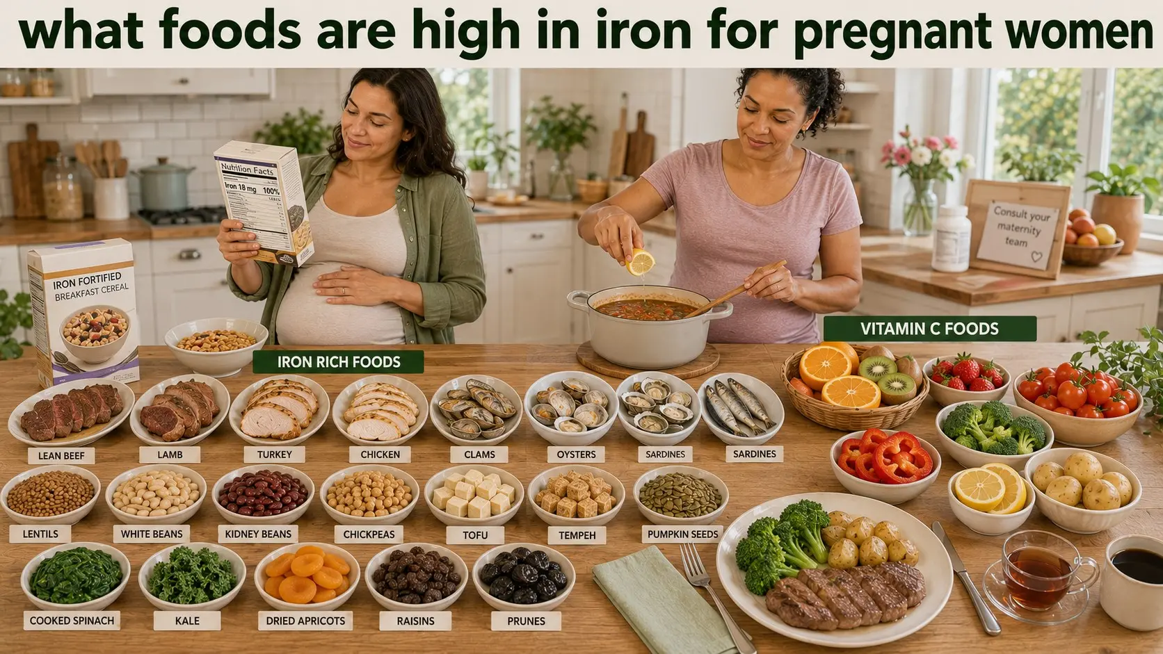 foods are high in iron for pregnant women- Iron rich foods for pregnant women, including fortified cereal, cooked lean meat, sardines, lentils, beans, tofu, seeds, greens, dried fruit, and vitamin C foods