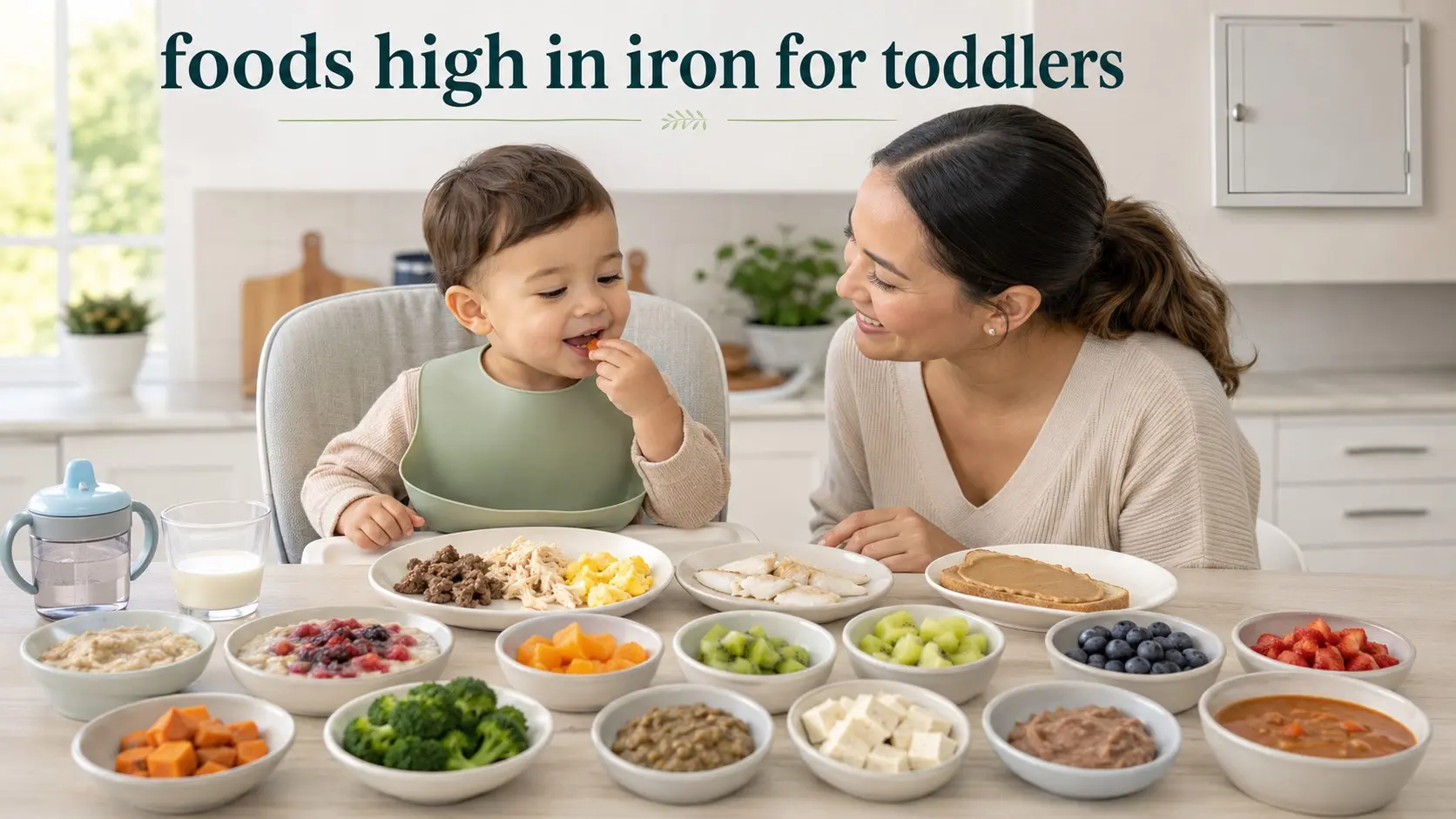 Foods high in iron for toddlers, including soft beef, egg, lentils, beans, tofu, fortified oatmeal, broccoli, berries, and tomato.
