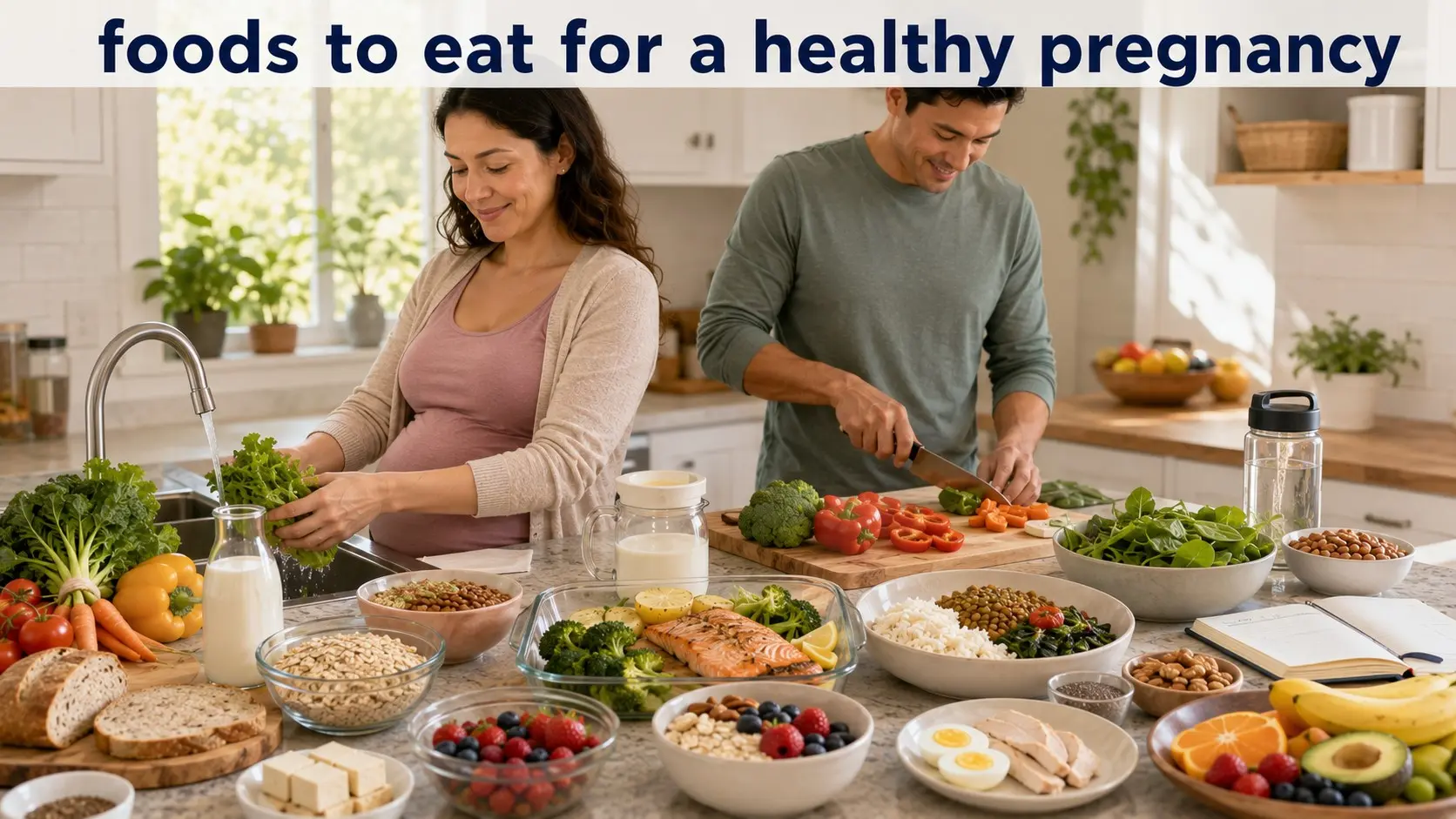 foods to eat for a healthy pregnancy-A pregnant adult preparing safe foods to eat for a healthy pregnancy, including cooked salmon, eggs, lentils, vegetables, fruit, yogurt, and whole grains.