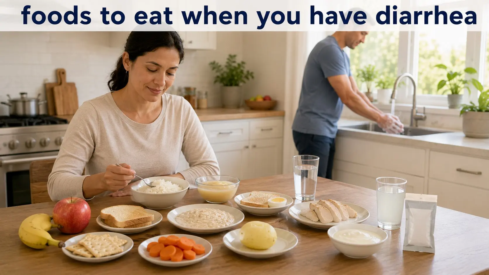 Foods to eat when you have diarrhea, including rice, toast, banana, oatmeal, broth, cooked carrots, water, and oral rehydration solution.