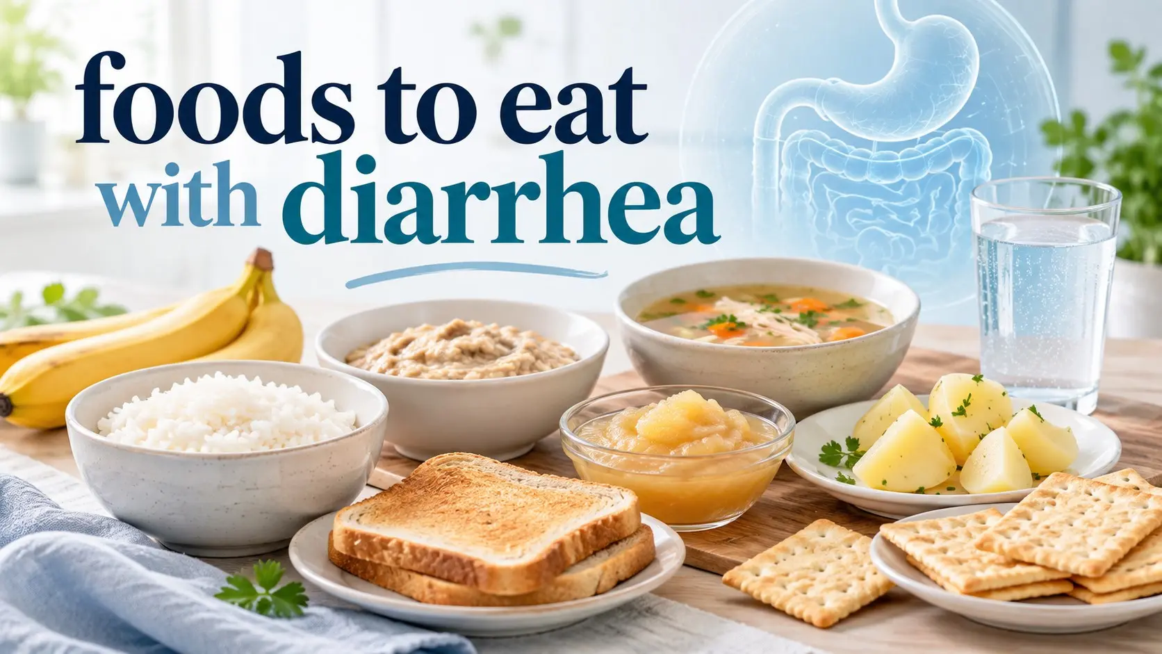 Foods to eat with diarrhea including rice, bananas, toast, oatmeal, potatoes, chicken, broth, crackers, and oral rehydration fluids.