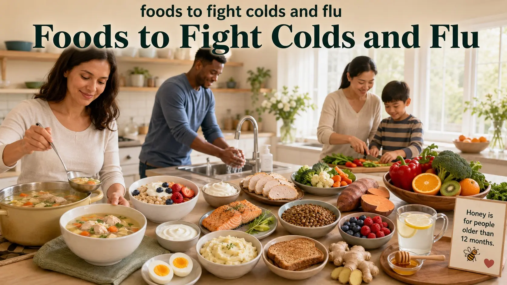 Foods to fight colds and flu through comfort and nutrition, including soup, oatmeal, eggs, fish, yogurt, beans, citrus fruit, berries, vegetables, and ginger.