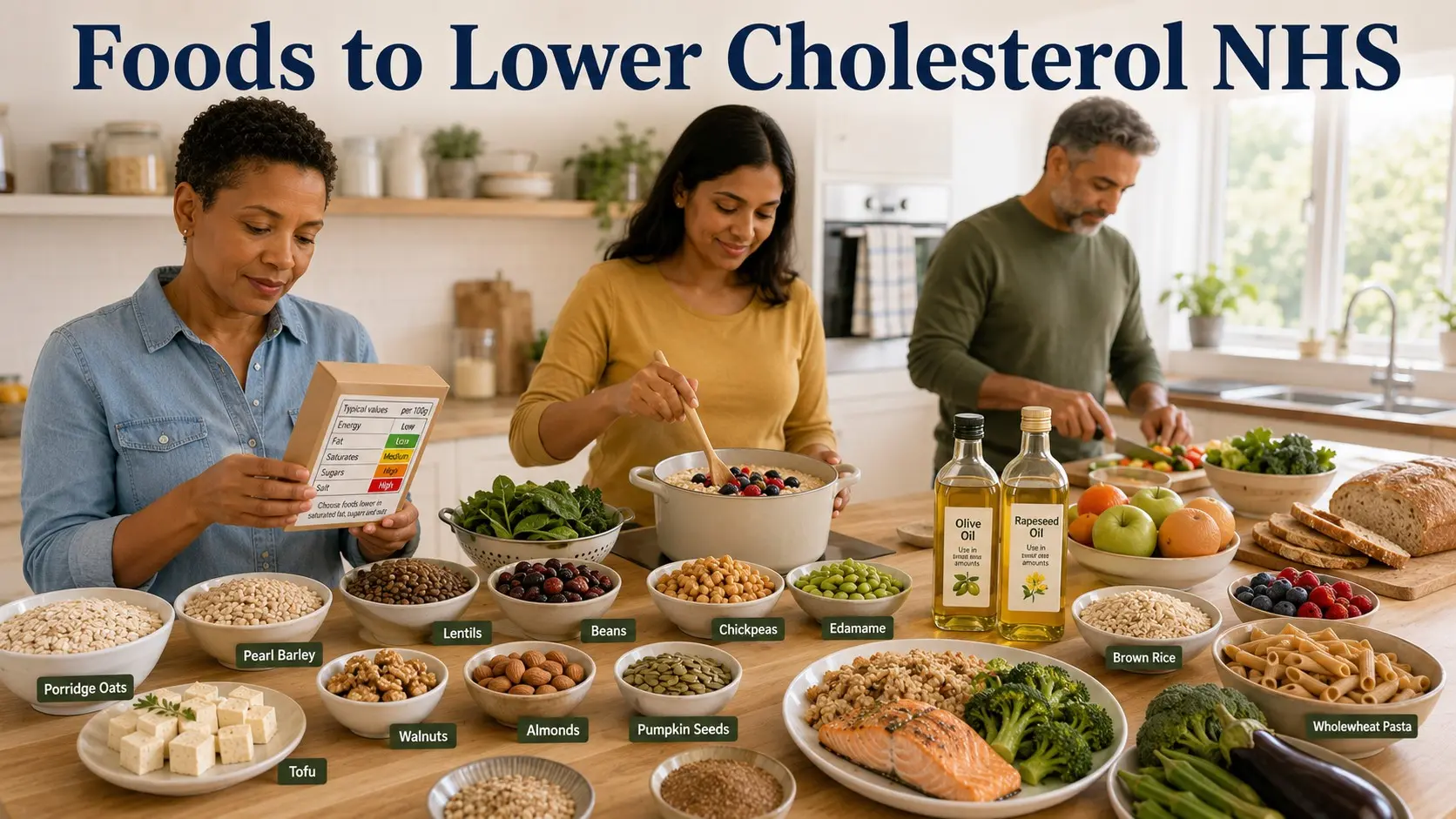 Foods to lower cholesterol NHS advice supports, including oats, beans, whole grains, nuts, seeds, oily fish, vegetables, fruit, soy foods, and olive oil.