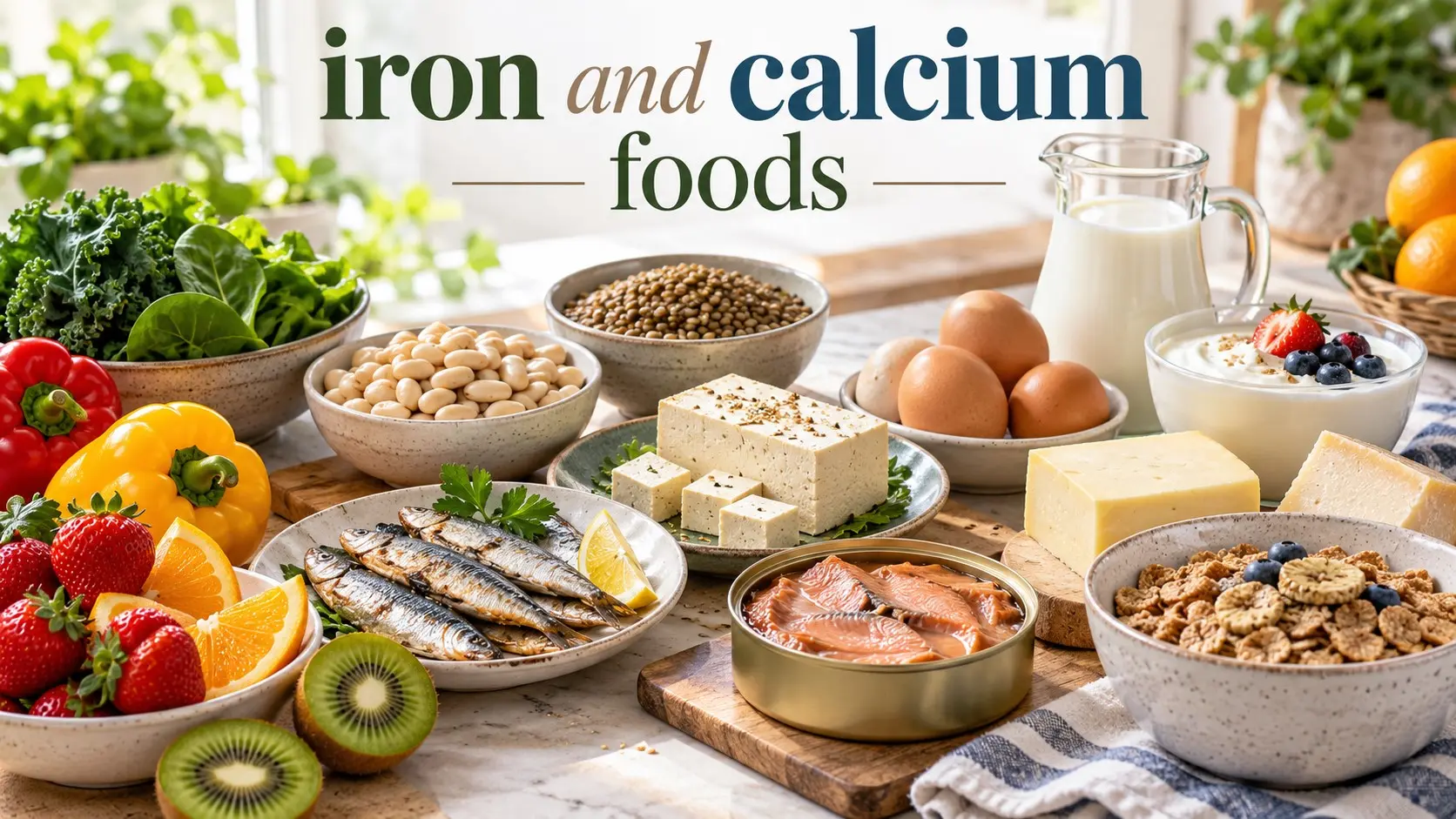 Iron and calcium foods including tofu sardines beans lentils yogurt milk leafy greens and fortified cereal
