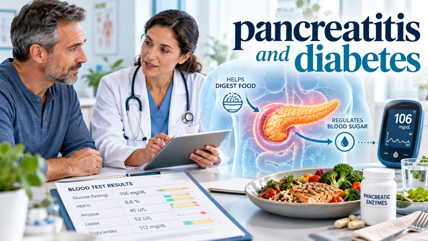 Pancreatitis and diabetes illustrated with pancreatic damage, blood glucose monitoring, insulin, digestive enzymes, and healthy food.