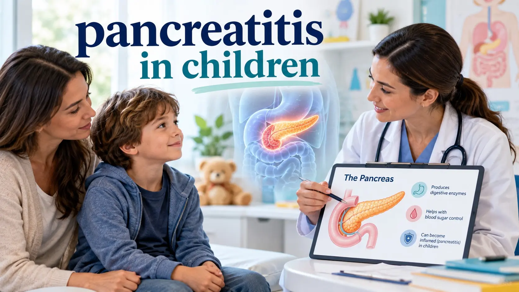 Pancreatitis in children with pediatric medical care, pancreas imaging, blood testing, genetics, abdominal pain, and family support.