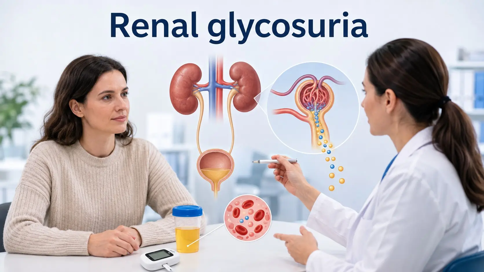 Adult discussing renal glycosuria with a healthcare professional beside a kidney illustration, urine glucose sample, and normal blood sugar test