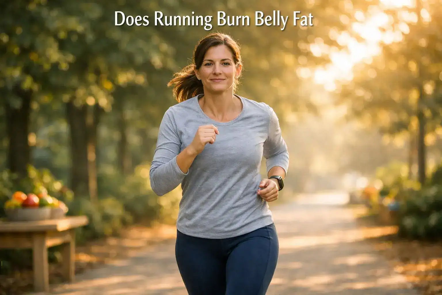Alt Text: Does running burn belly fat โ woman running outdoors at moderate pace in morning light, demonstrating the correct running intensity to burn visceral and abdominal fat