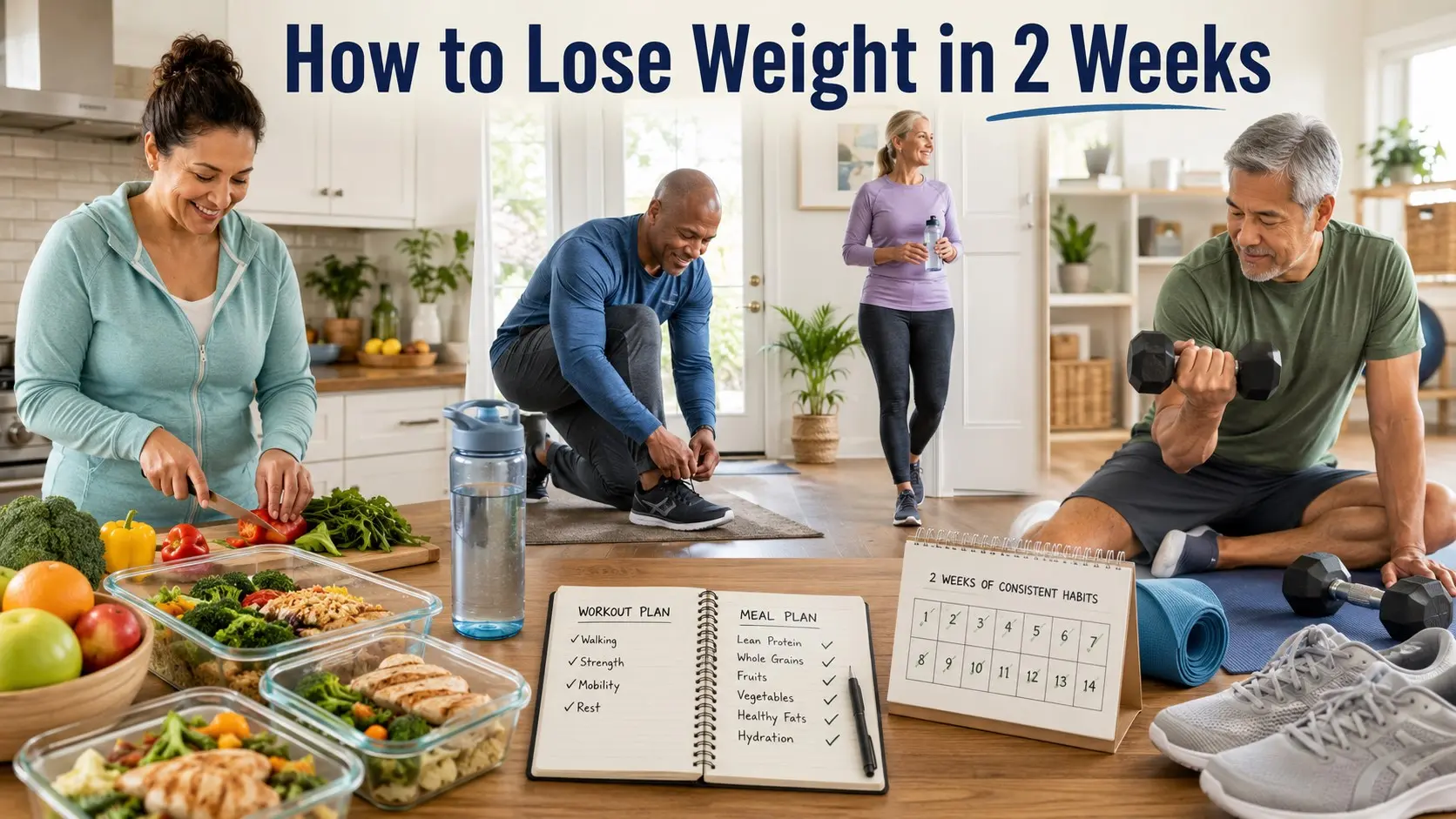 How to Lose Weight in 2 Weeks guide with adults preparing healthy meals, walking shoes, water, light dumbbells, and a simple habit plan