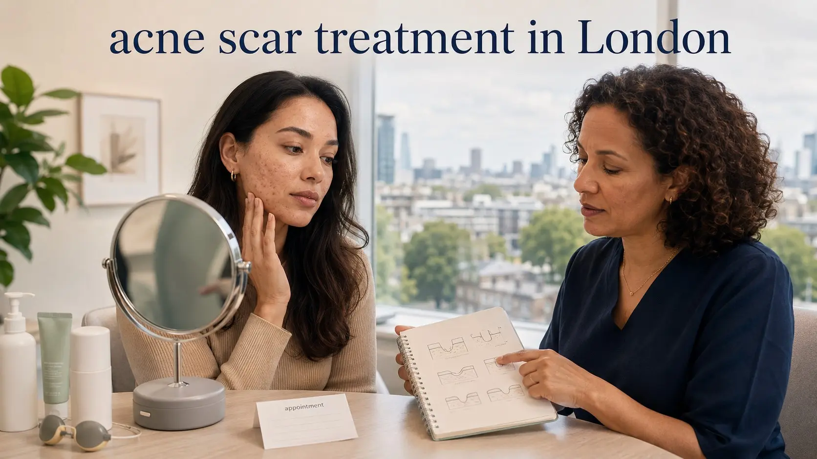 acne scar treatment in London- Adults reviewing professional acne scar treatment options during a London skin consultation