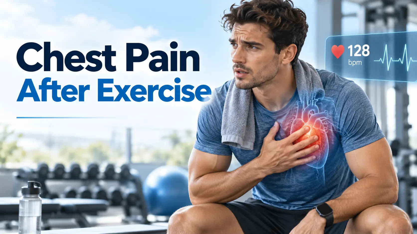 Chest Pain After Exercise shown by an adult stopping a workout because of chest discomfort