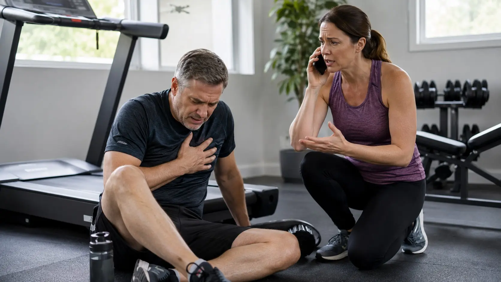 Man experiencing chest pain after exercise while a woman calls emergency services in a home gym.