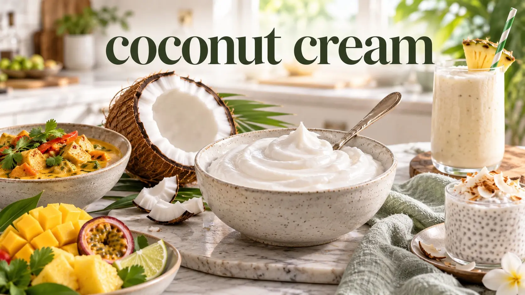Coconut cream in a bowl with coconut curry fruit desserts and fresh coconut