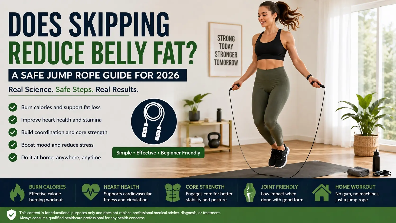 does skipping reduce belly fat - Adults practising safe beginner jump rope intervals with quiet landings, marching breaks, supportive shoes, water, and a clear exercise space