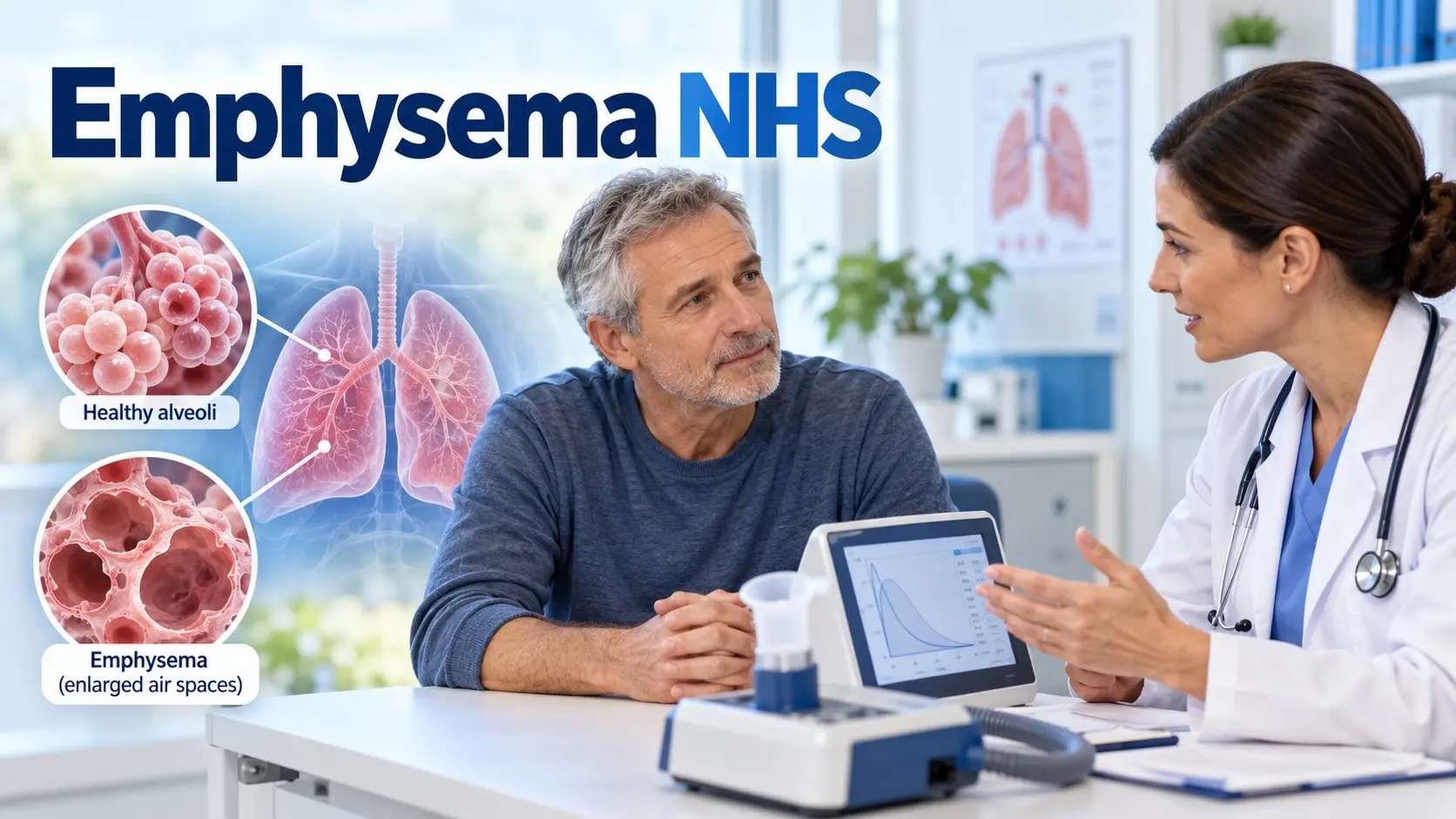 Emphysema NHS consultation showing damaged lung air sacs and spirometry