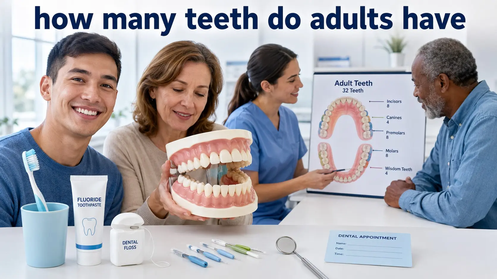 How many teeth do adults have- Adults reviewing a complete model of 32 permanent teeth and the different adult tooth types