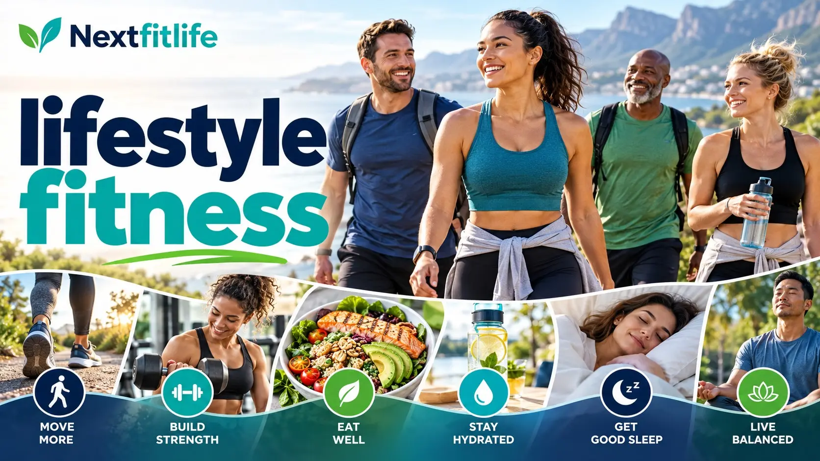 Lifestyle fitness habits including exercise, strength training, healthy food, sleep, stress management and social connection