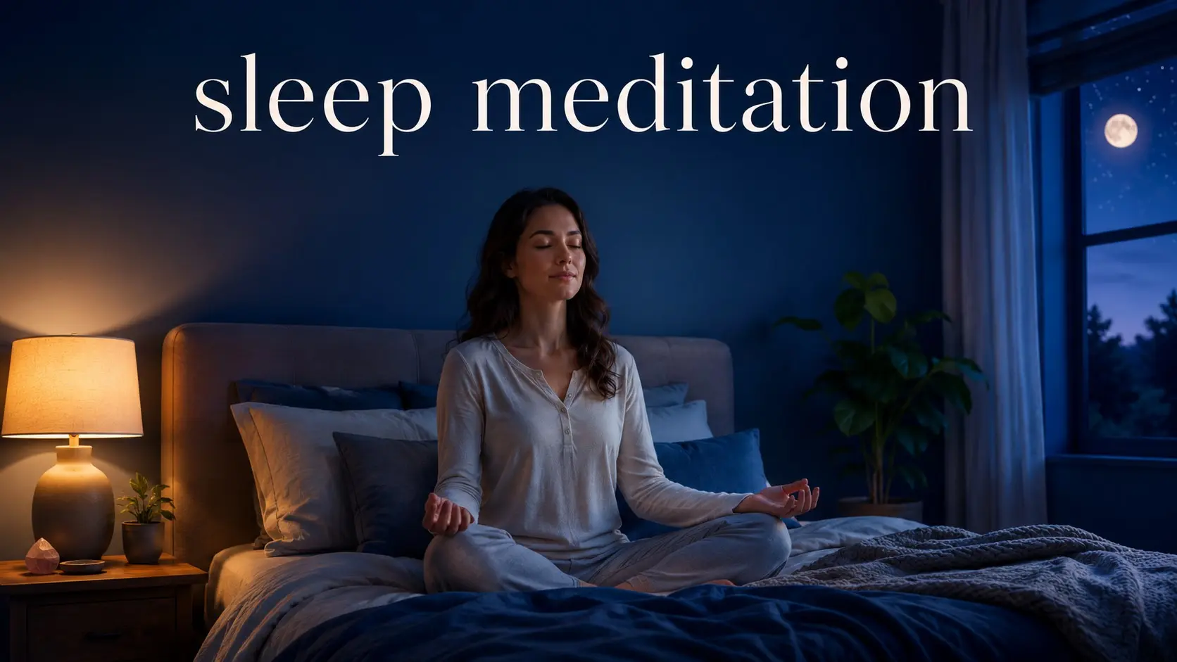 Calm adult practicing sleep meditation in a quiet bedroom at night using slow breathing and mindfulness before going to sleep