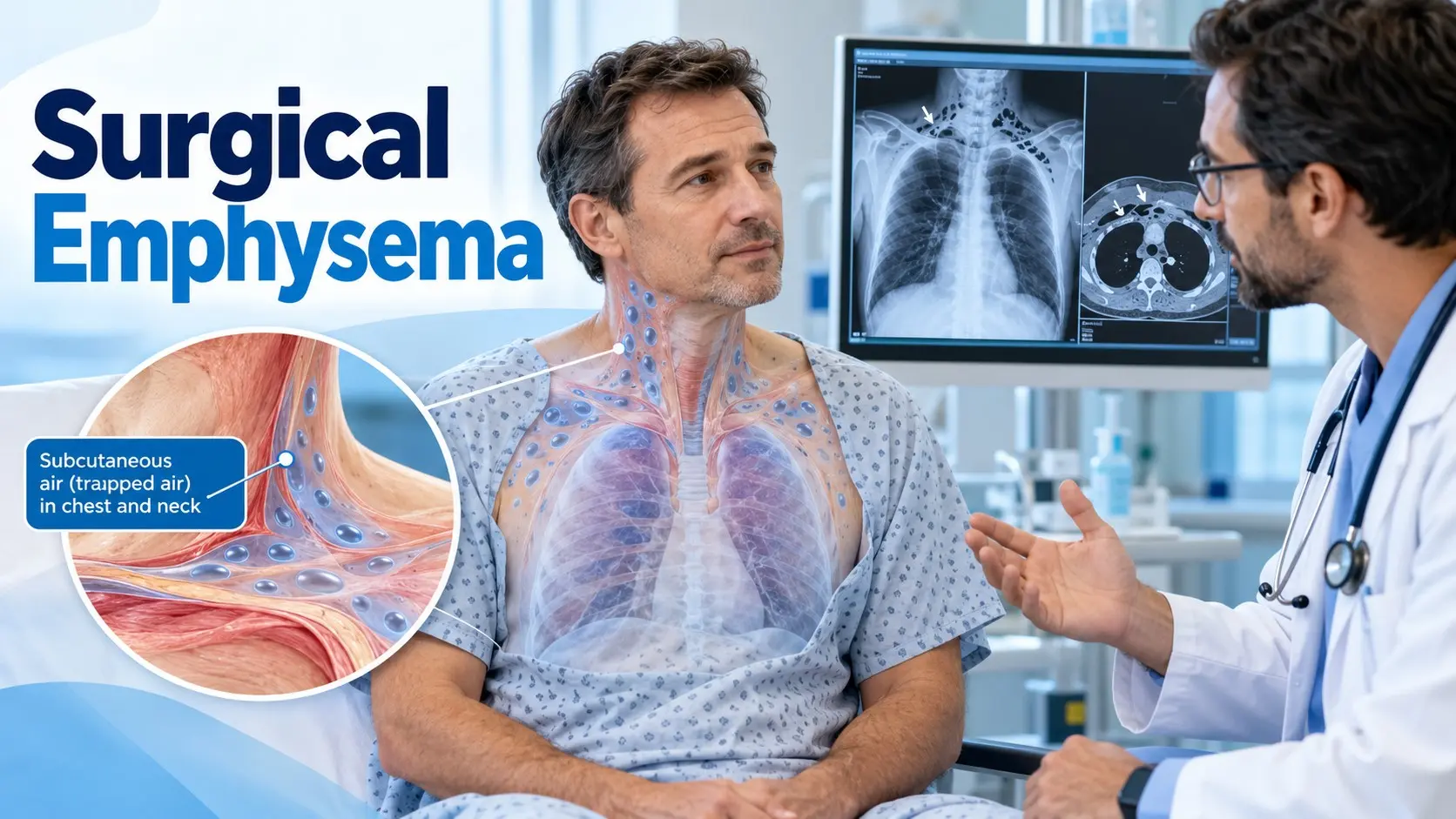 Surgical Emphysema showing air trapped beneath the skin of the chest and neck
