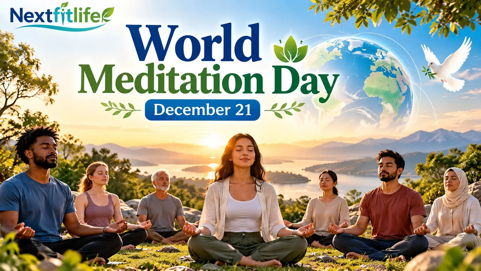 World Meditation Day global mindfulness practice on December 21 with people meditating together for peace and wellbeing