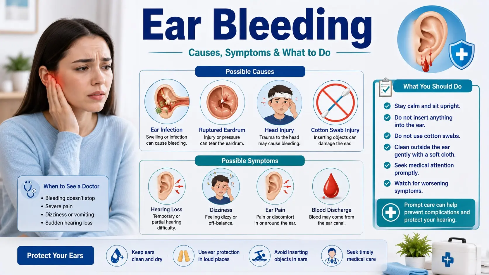 Ear Bleeding guide with ear icon, blood drop, cotton swab warning, ear infection, ruptured eardrum, head injury, hearing loss, dizziness, and doctor checklist icons.
