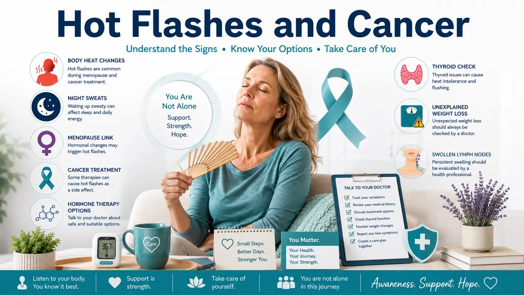 Hot Flashes and Cancer guide with body heat icon, night sweats, menopause, hormone therapy, cancer treatment, thyroid check, fever, weight loss, swollen lymph nodes, and doctor checklist icons.