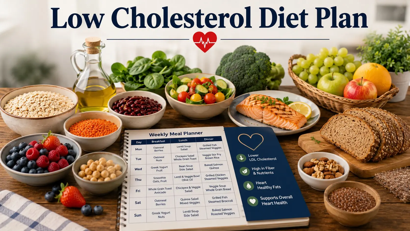 Low Cholesterol Diet Plan guide with oats, vegetables, fruit, olive oil, fish, beans, and a heart health meal planner.