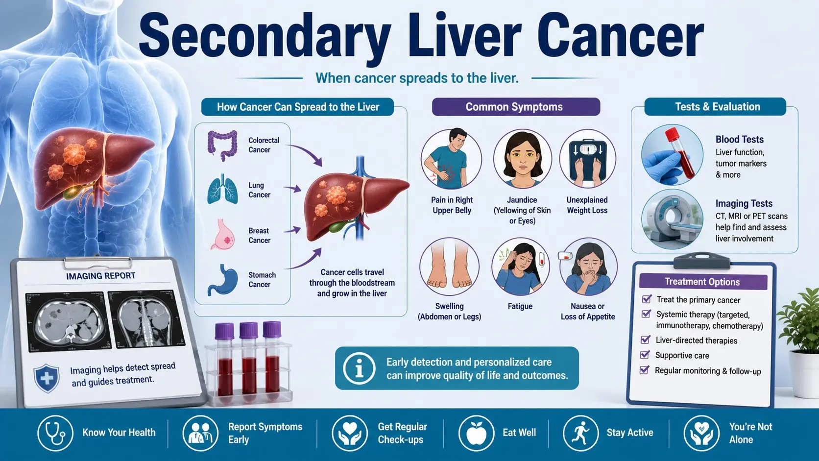 Secondary Liver Cancer guide with liver icon, cancer spread arrows, abdominal pain, jaundice, weight loss, swelling, scans, and treatment checklist icons.
