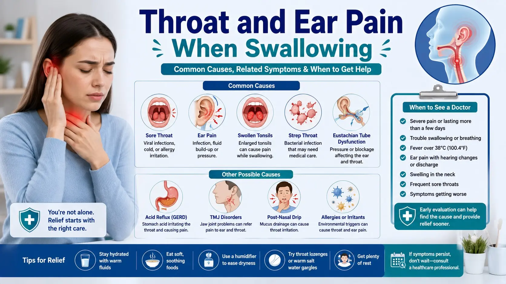 Throat and Ear Pain When Swallowing guide with sore throat, ear pain, tonsils, strep throat, ear infection, reflux, TMJ, and doctor checklist icons.