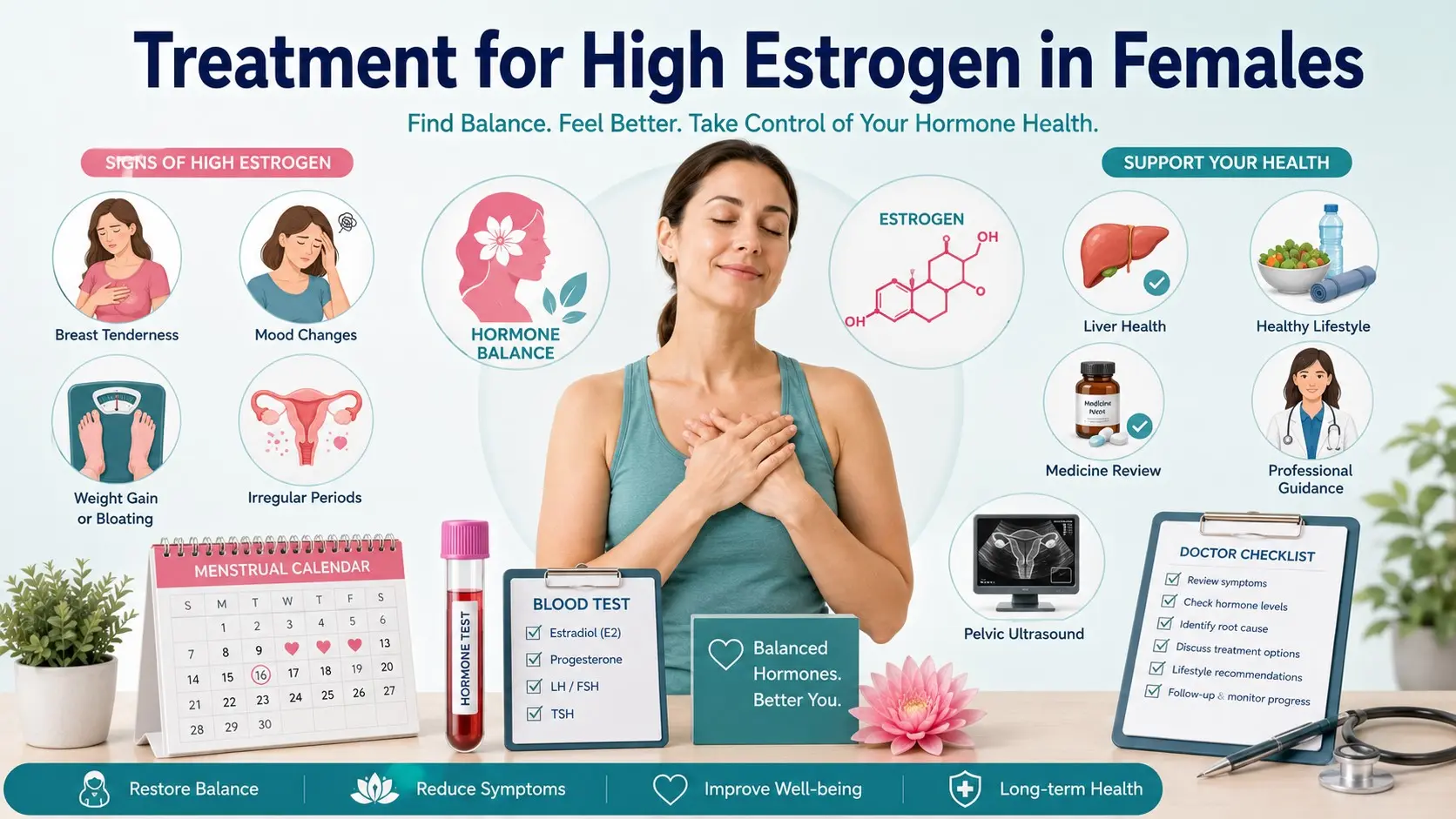 Treatment for High Estrogen in Females guide with hormone test, menstrual calendar, breast tenderness, mood changes, weight management, medicine review, liver health, and doctor checklist icons.