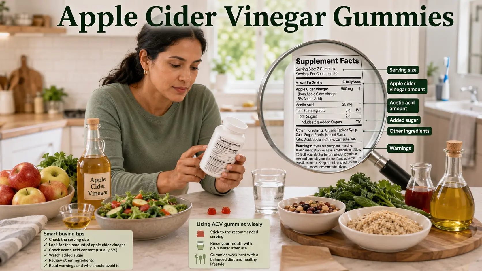 Apple cider vinegar gummies beside an unbranded supplement bottle as an adult checks the acetic acid, added sugar, serving size, ingredients, and safety warnings.