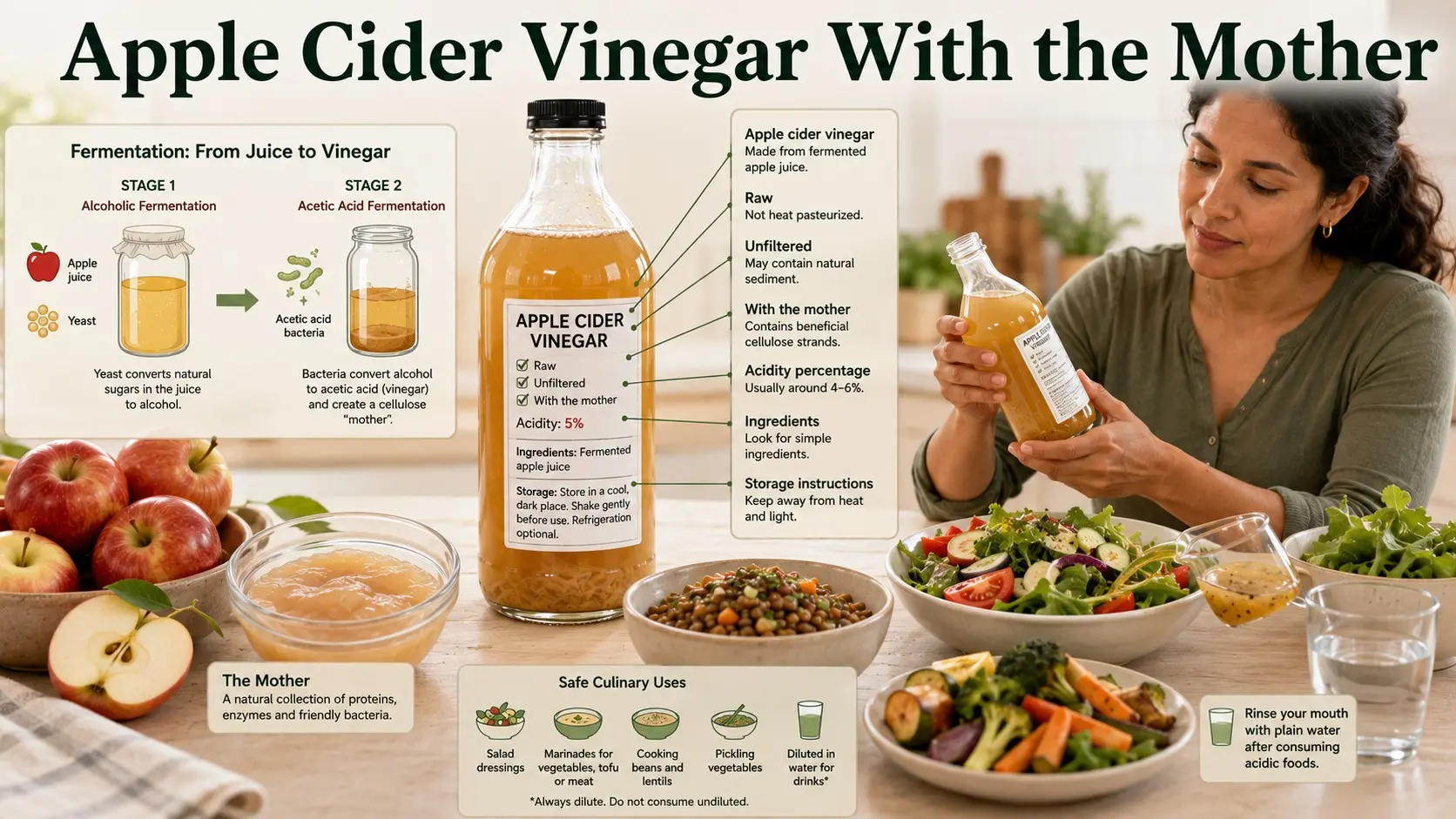 Apple cider vinegar with the mother shown as cloudy unfiltered vinegar beside apples, fermentation ingredients, a food label, salad dressing, lentils, and vegetables.
