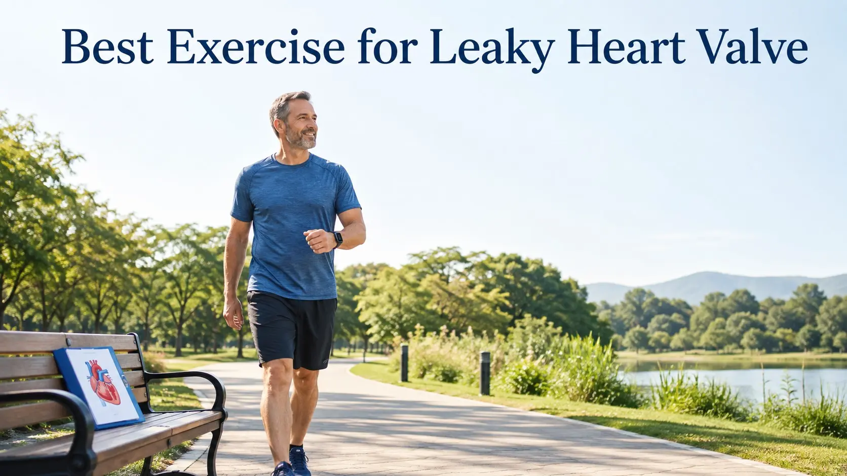 Best Exercise for Leaky Heart Valve - Adult walking safely for exercise after a leaky heart valve diagnosis with a heart monitor, walking shoes and cardiology notes nearby