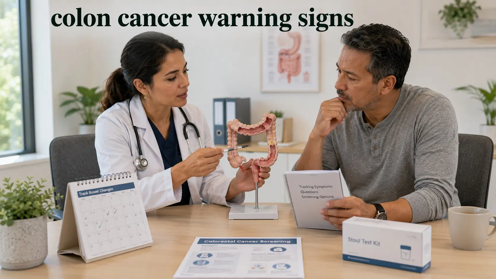 colon cancer warning signs - Adult discusses persistent bowel changes and colorectal cancer screening with a gastroenterologist using a colon model.