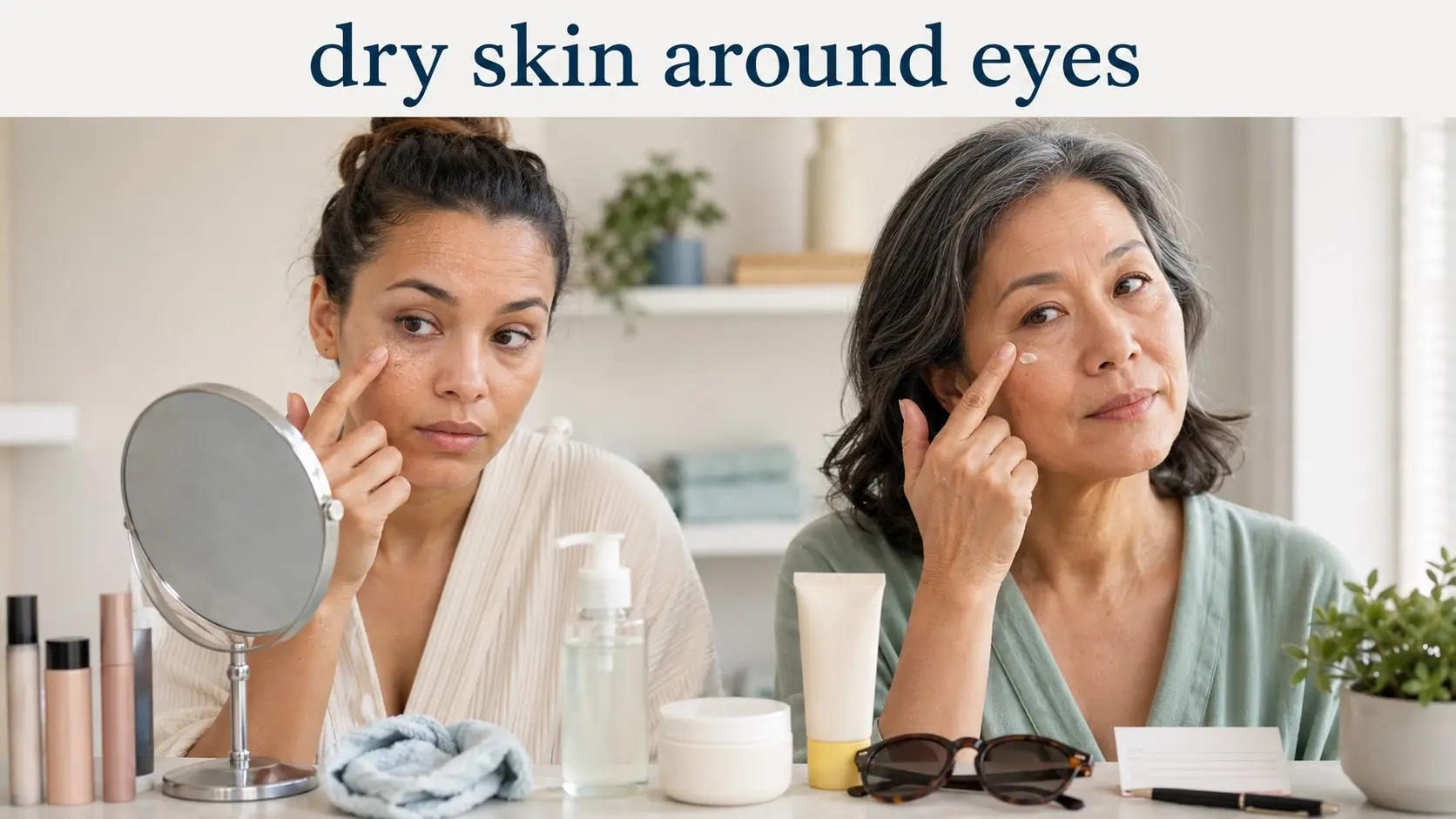 dry skin around eyes - Adults gently checking and moisturizing mild dry skin around the eyes with fragrance free skin care