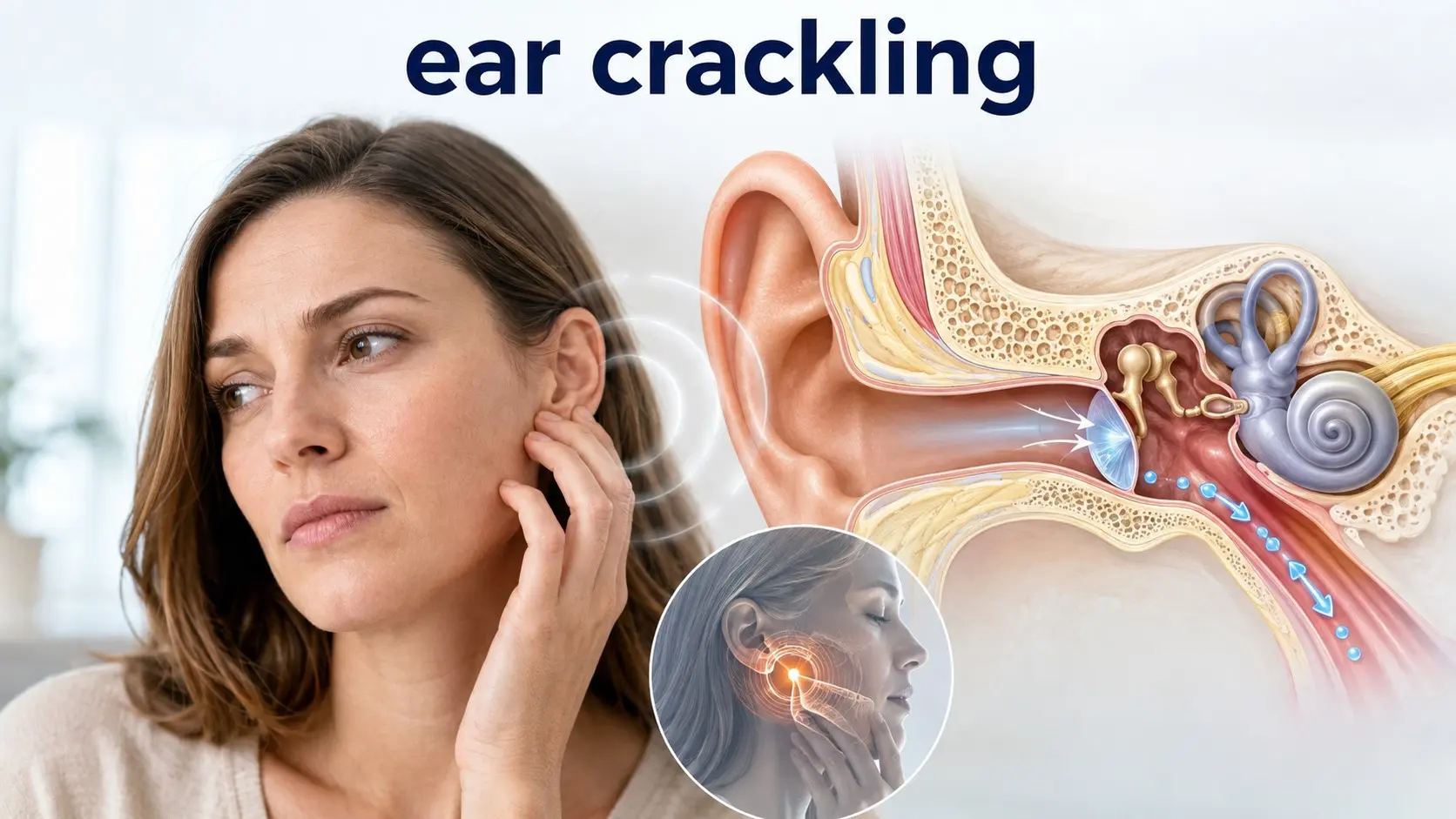 Adult noticing ear crackling with an educational view of the Eustachian tube, ear pressure, jaw joint, earwax, and common causes of popping ears