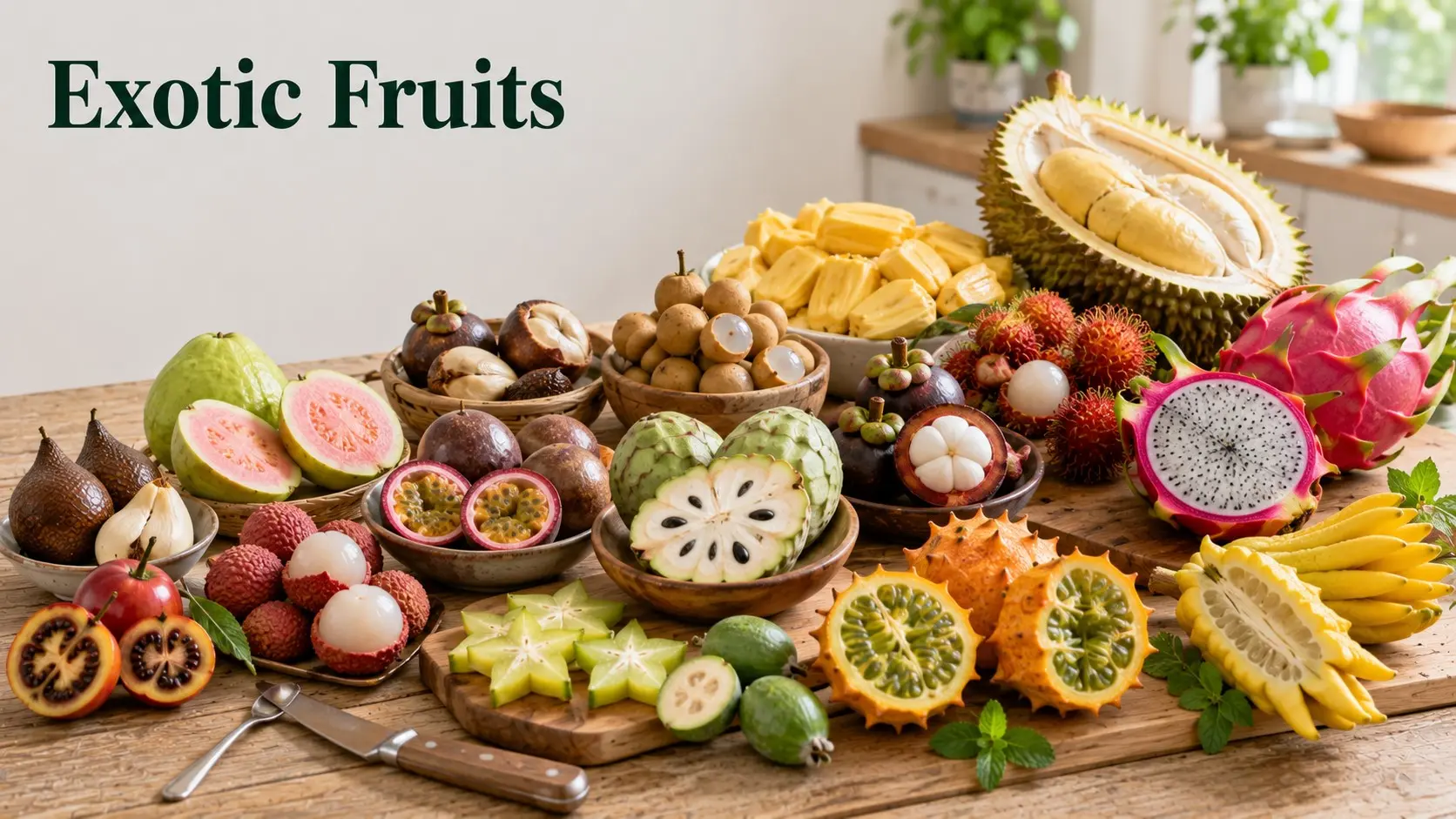 Exotic Fruits with dragon fruit, rambutan, mangosteen, jackfruit, lychee, passion fruit, durian, guava, and star fruit.