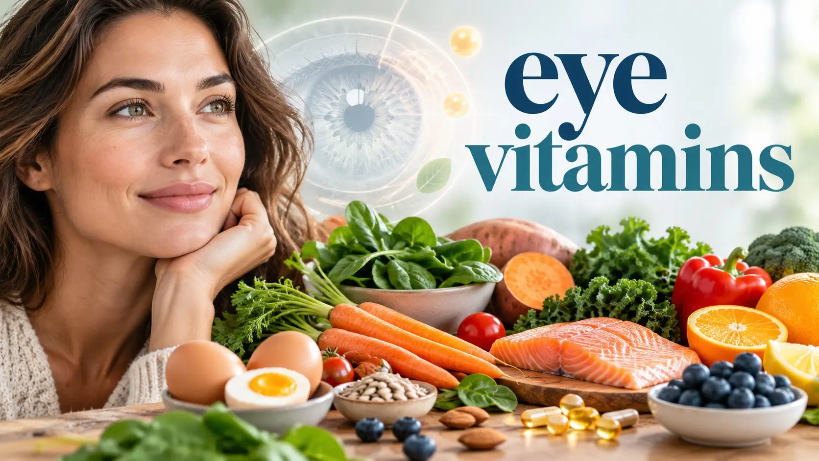 Eye vitamins with colorful foods that support healthy vision
