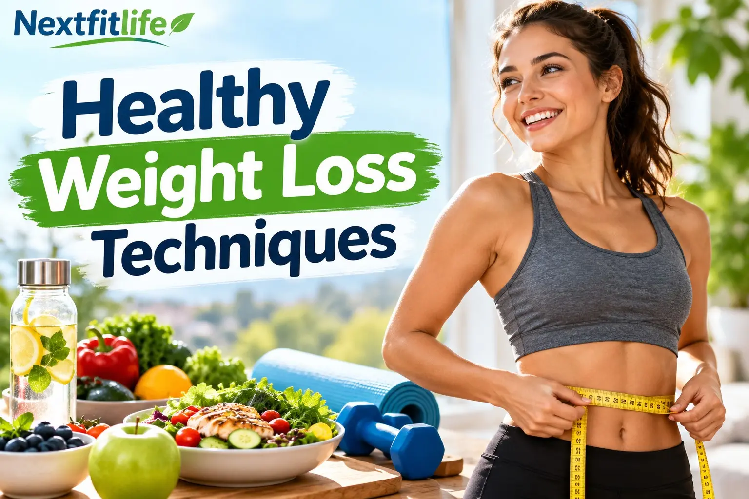 Healthy weight loss techniques with nutritious food, walking, strength training, and sustainable habits