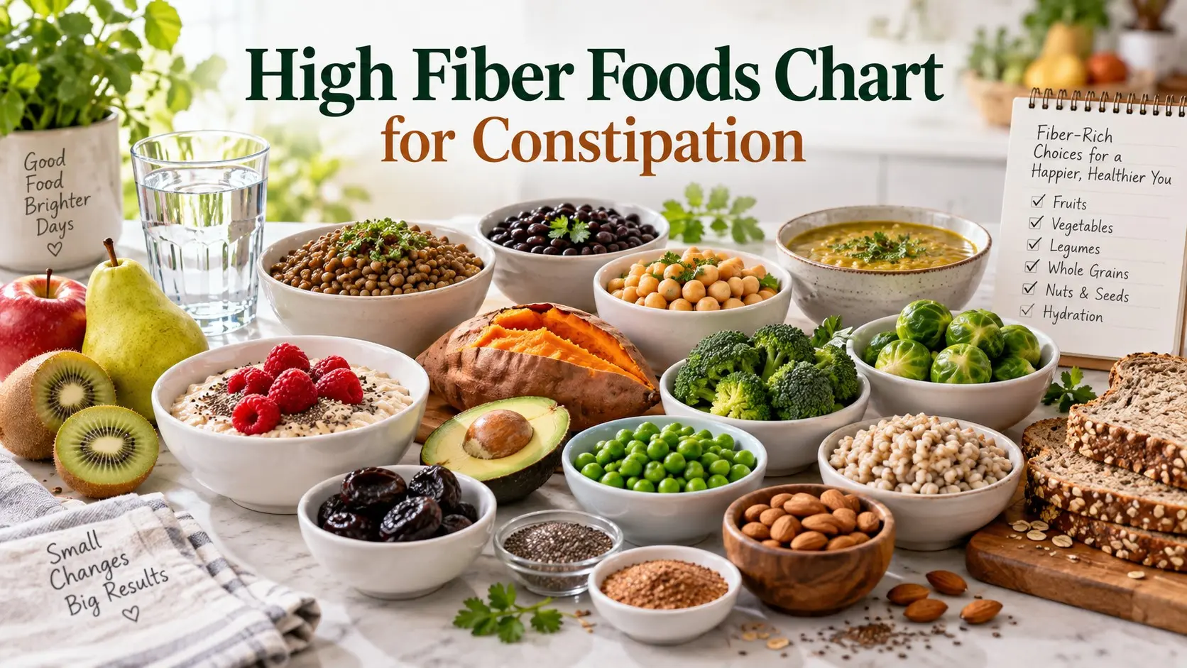 High Fiber Foods Chart for Constipation with lentils beans raspberries pears oats prunes chia broccoli avocado whole grains and water