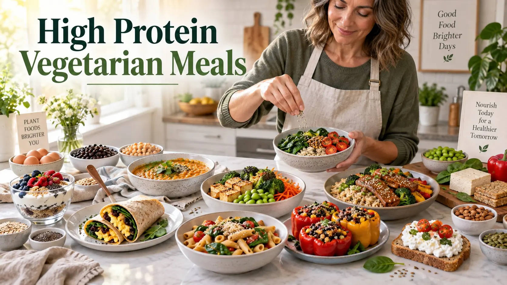 High Protein Vegetarian Meals with lentils tofu tempeh edamame eggs Greek yogurt beans quinoa vegetables nuts and seeds